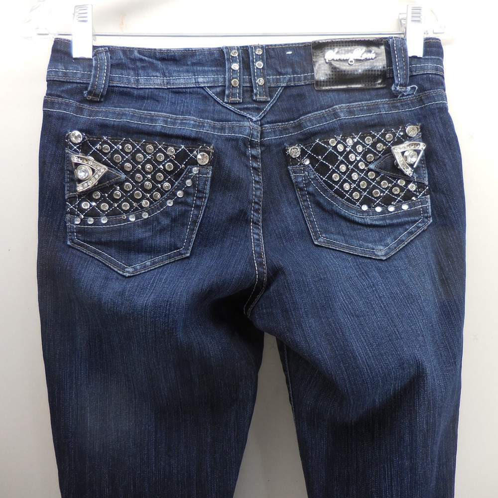 Sweet Look Womens Size 5 Dark Wash‎ Rhinestone Embellished Skinny Jeans Low Rise
